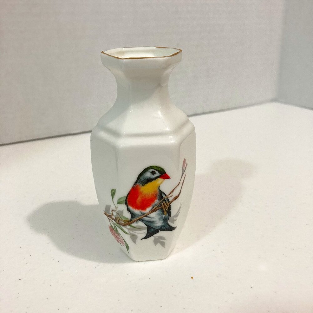 Vintage White Ceramic Gold Trim Bud Small Vase Bird on Branch 4.5" Collectible